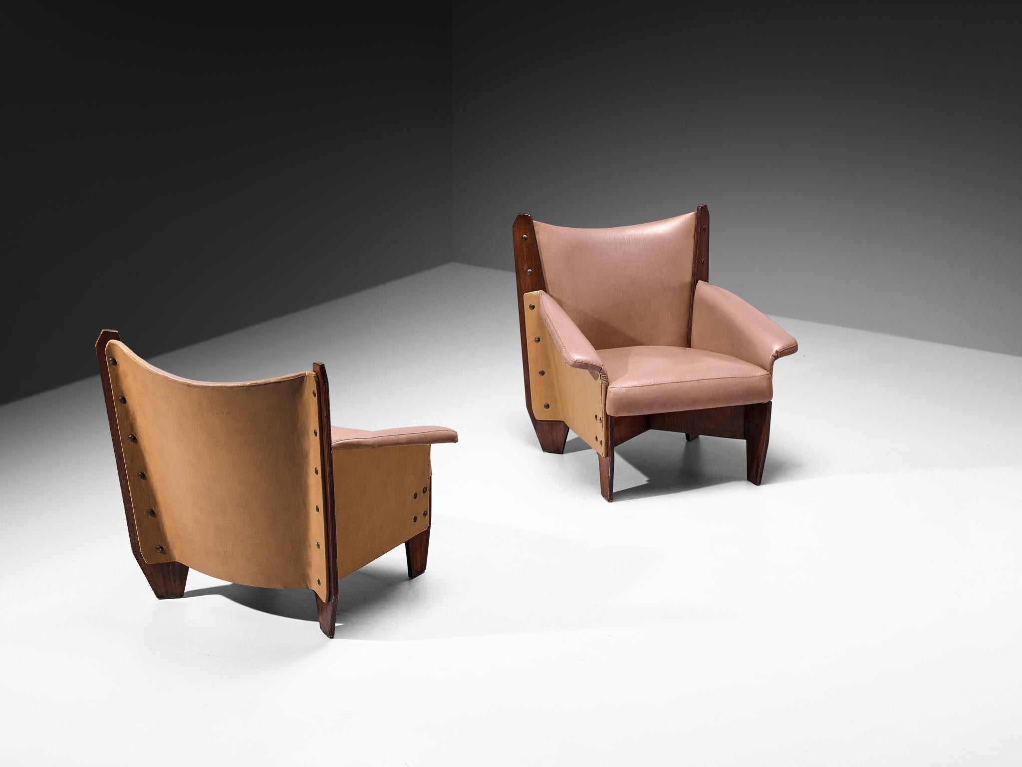 1950s Pair of Italian Lounge Chairs in Plywood and Camel Pink Upholstery For Sale 4
