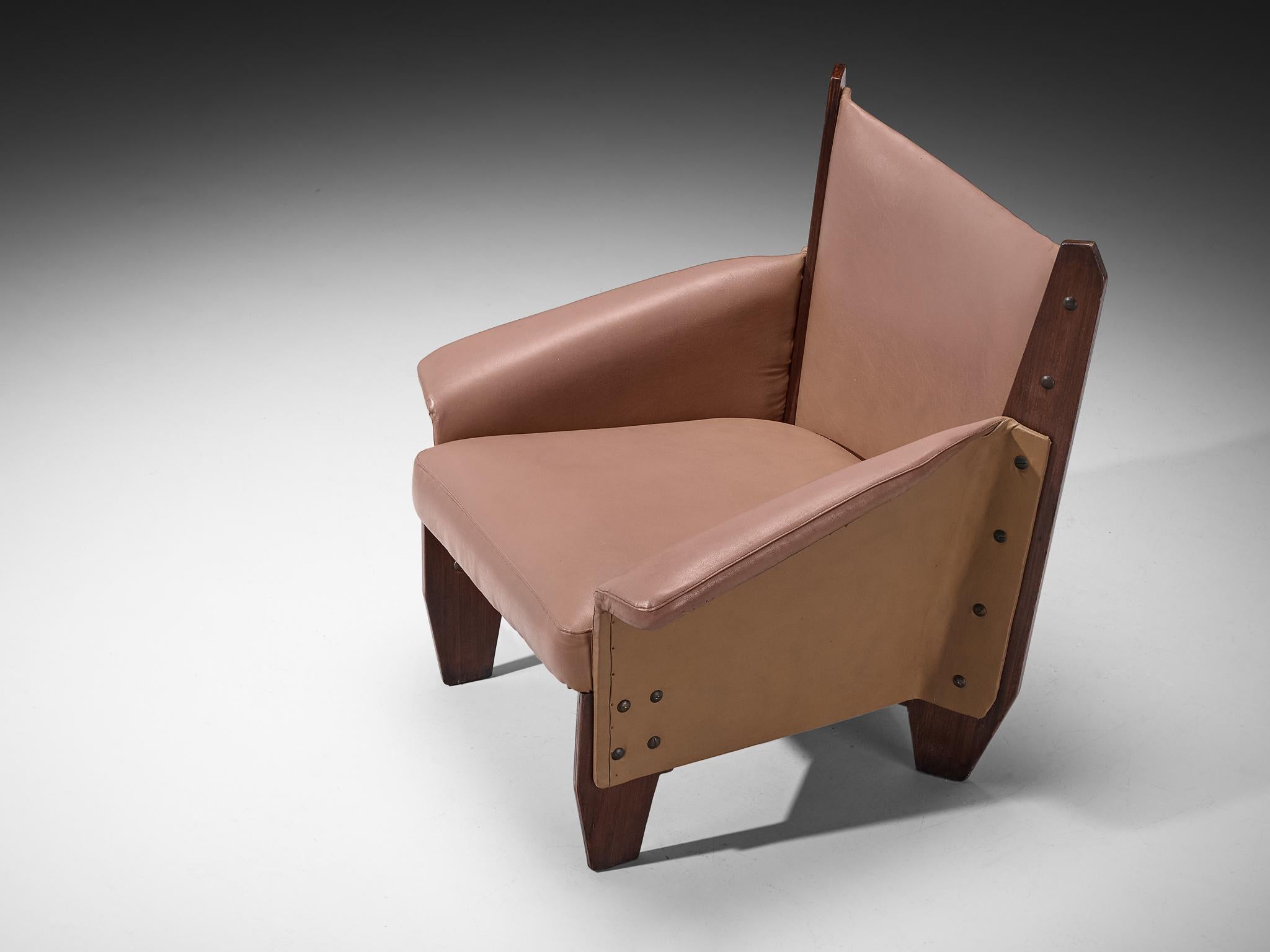1950s Pair of Italian Lounge Chairs in Plywood and Camel Pink Upholstery For Sale 5