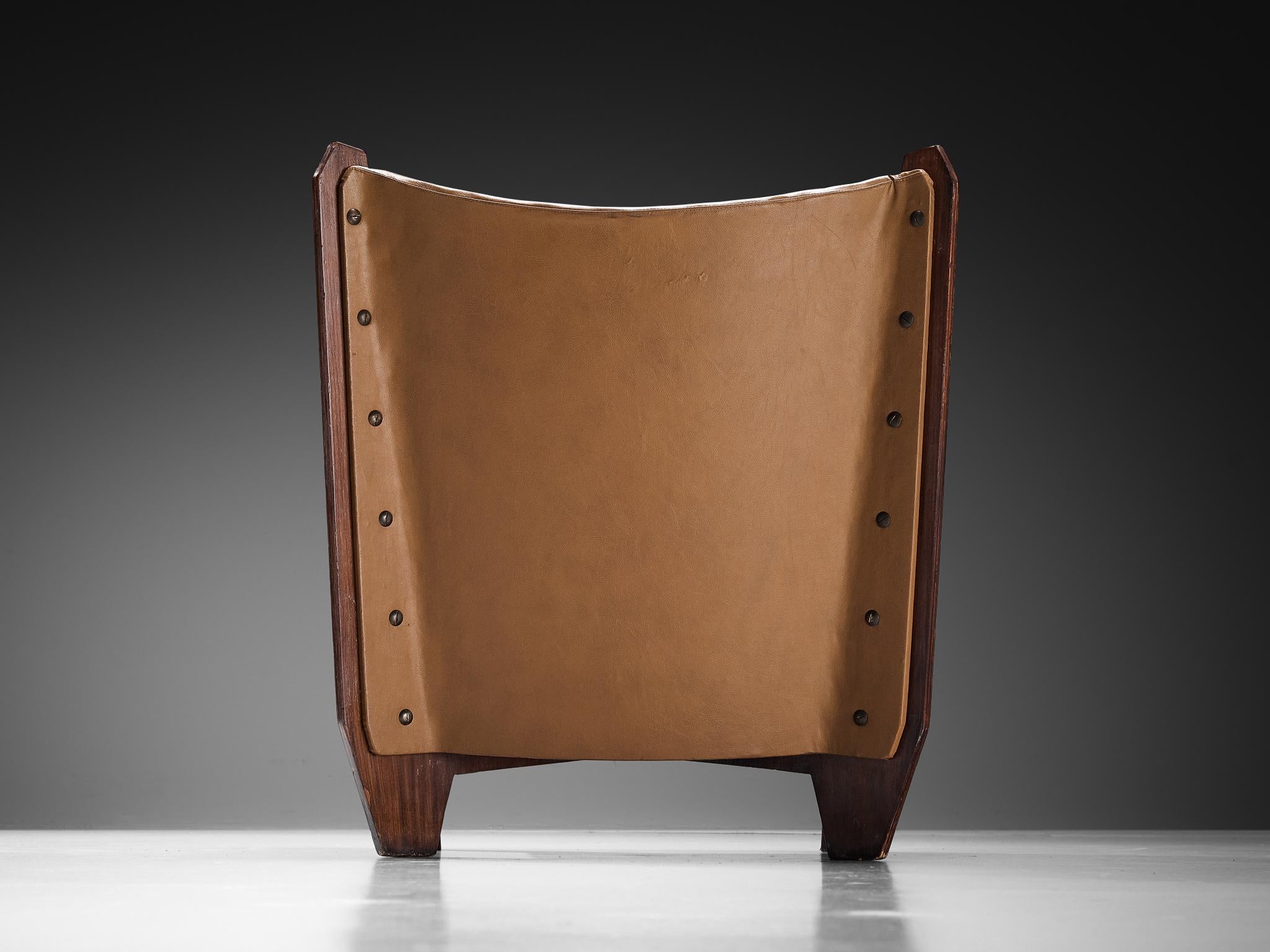 Mid-Century Modern 1950s Pair of Italian Lounge Chairs in Plywood and Camel Pink Upholstery For Sale
