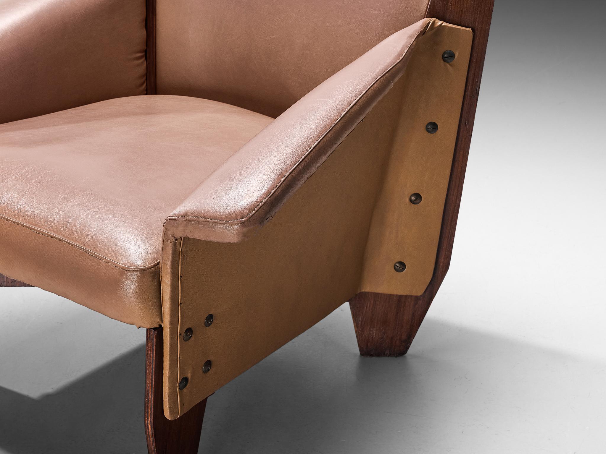 1950s Pair of Italian Lounge Chairs in Plywood and Camel Pink Upholstery In Good Condition For Sale In Waalwijk, NL