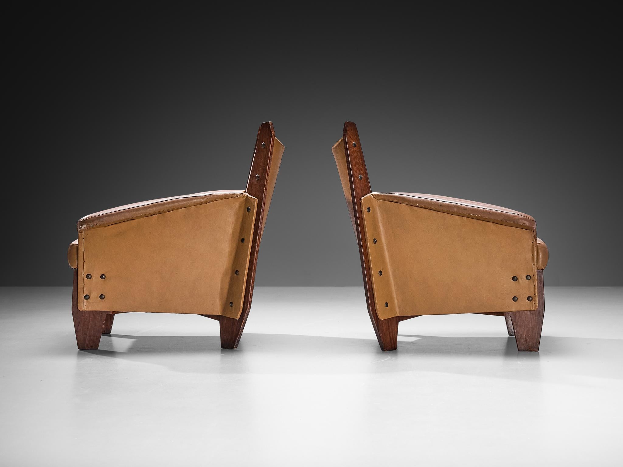 Mid-20th Century 1950s Pair of Italian Lounge Chairs in Plywood and Camel Pink Upholstery For Sale