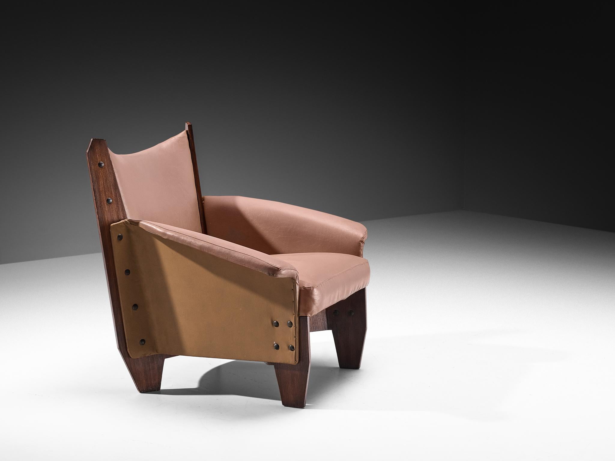 1950s Pair of Italian Lounge Chairs in Plywood and Camel Pink Upholstery For Sale 1