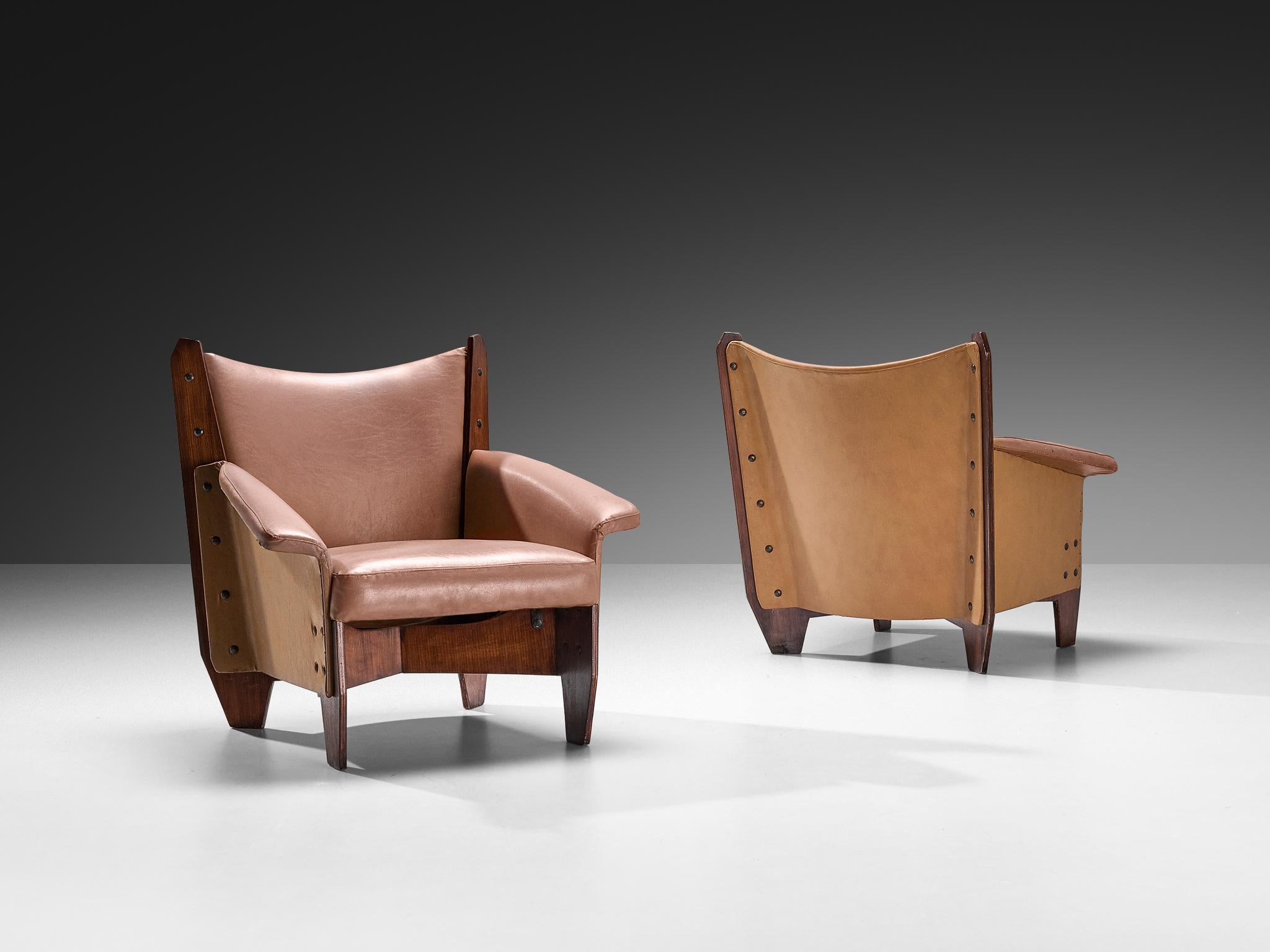 1950s Pair of Italian Lounge Chairs in Plywood and Camel Pink Upholstery For Sale 3