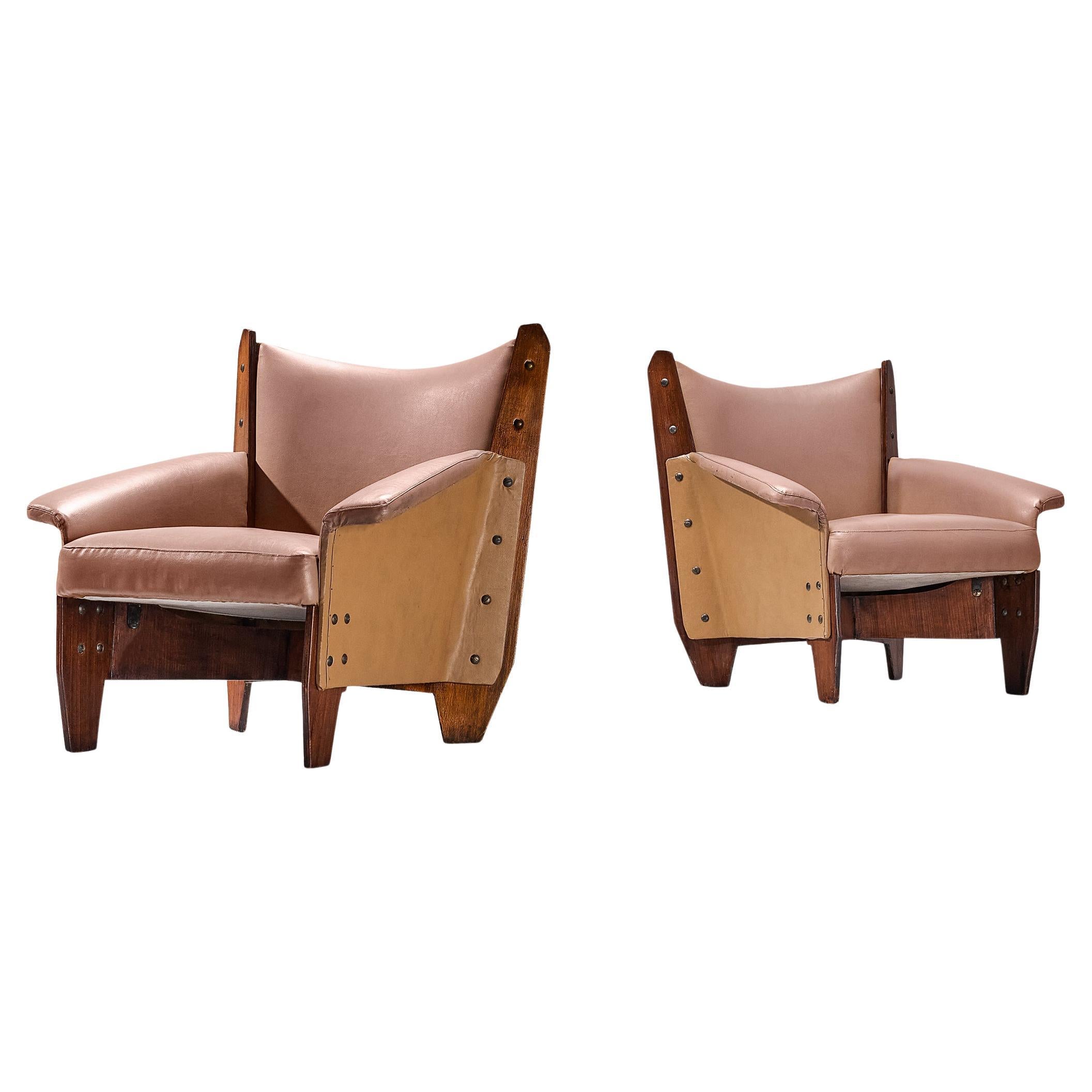 1950s Pair of Italian Lounge Chairs in Plywood and Camel Pink Upholstery
