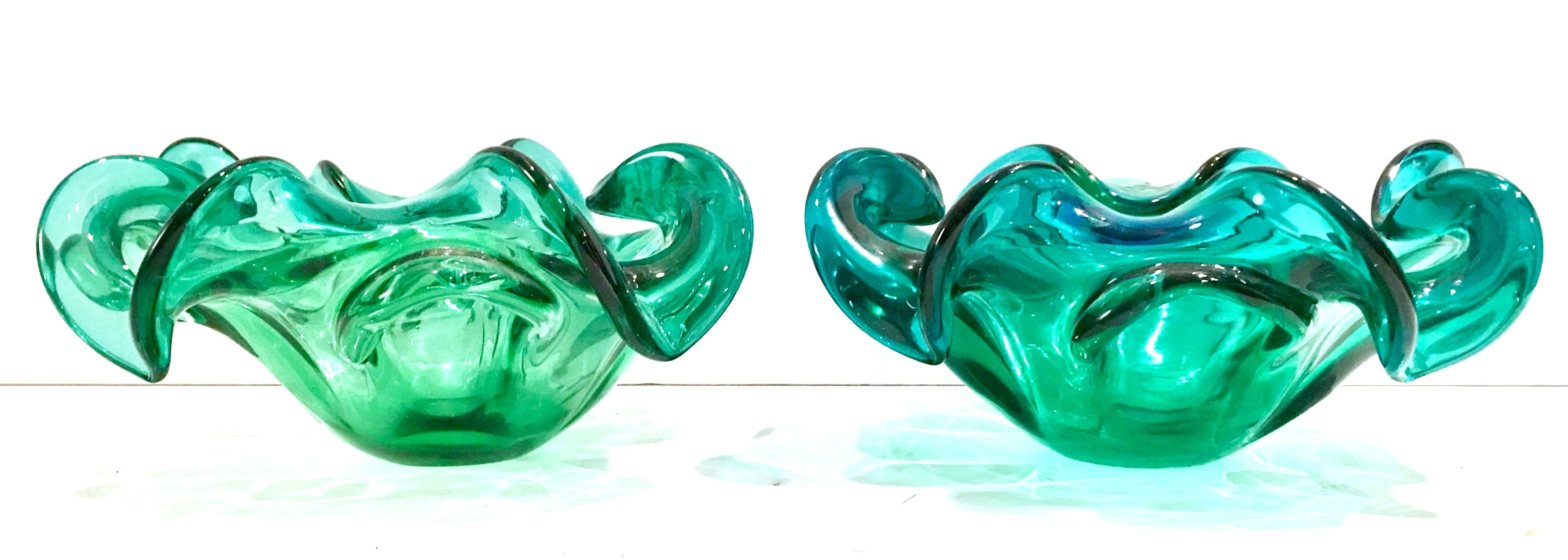 Mid 20th-Century Pair of Italian Murano Style Blown Art Glass Ruffle Bowls. This unique and rare pair of teal green-blue bowls are slightly different in color.