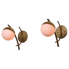 Vintage 1950s Pair of Italian Sconces in Brass with Opaline Glass Globes