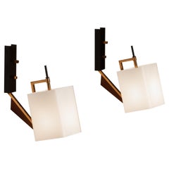 1950
s Pair of Italian Square Wall Lights in Brass, Opal and Teak 1950
s Pair of Italian Square Wall Lights in Brass, Opal and Teak