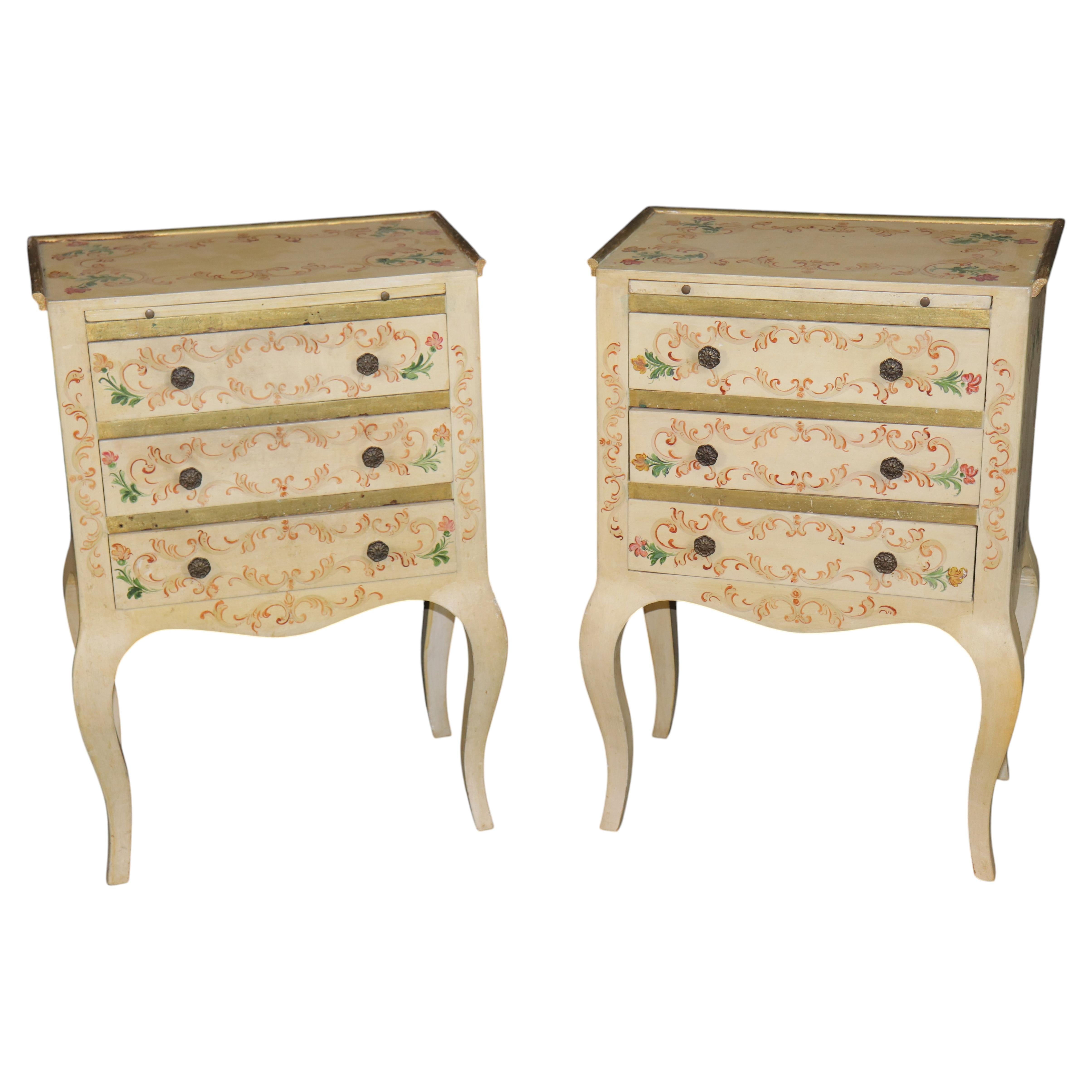 1950's Pair of Italian Venetian Style Creme Paint decorated and Gilt Nightstands