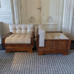 1950's Pair of Italian Walnut Armchairs Beige and Brown Rafia Fabric