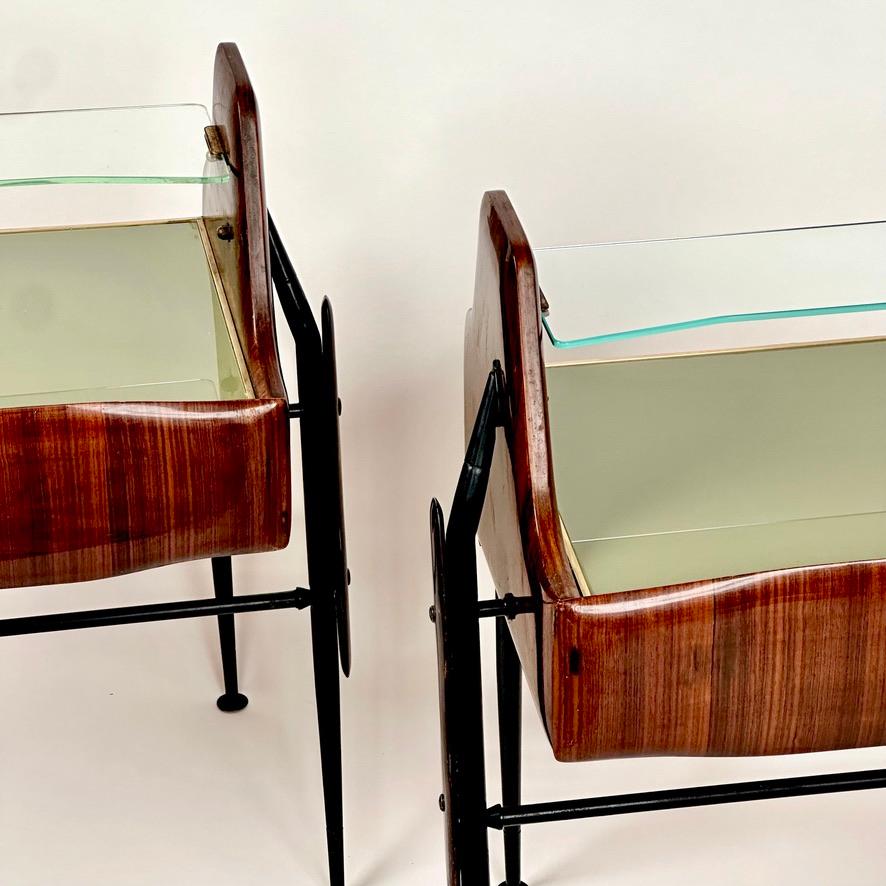 1950's Pair of Italian Wood, Opaline Glass, Iron & Brass Night Stands w/ Drawers For Sale 5