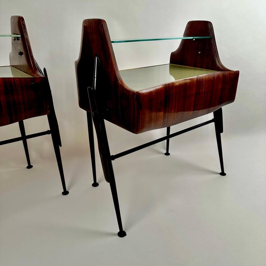 1950's Pair of Italian Wood, Opaline Glass, Iron & Brass Night Stands w/ Drawers For Sale 6