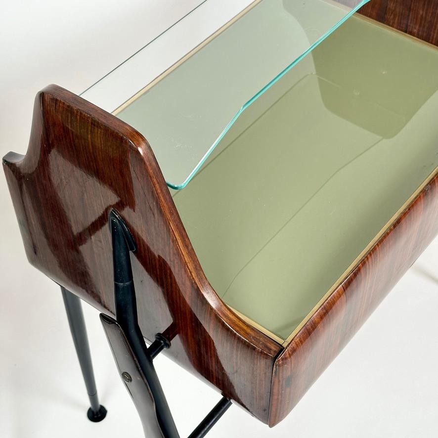 Mid-Century Modern 1950's Pair of Italian Wood, Opaline Glass, Iron & Brass Night Stands w/ Drawers For Sale