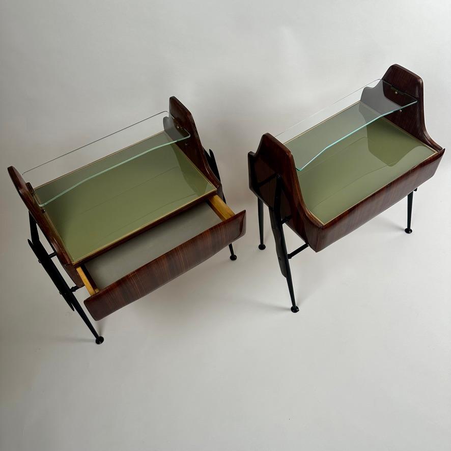 Mid-20th Century 1950's Pair of Italian Wood, Opaline Glass, Iron & Brass Night Stands w/ Drawers For Sale