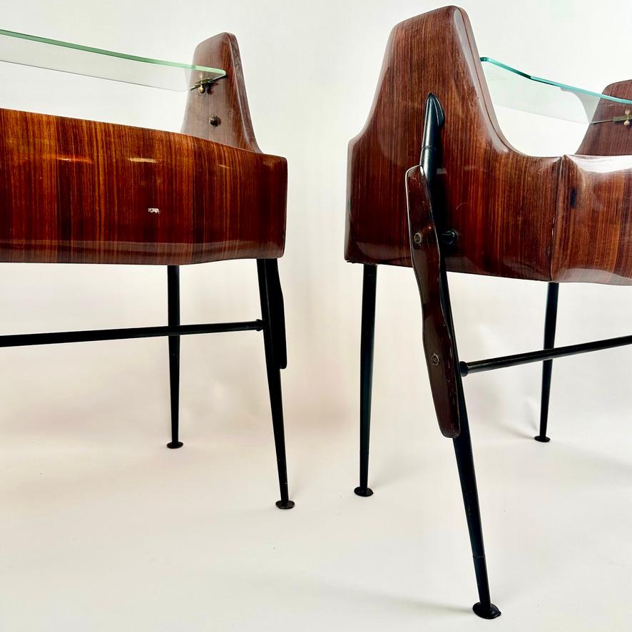 1950's Pair of Italian Wood, Opaline Glass, Iron & Brass Night Stands w/ Drawers For Sale 3