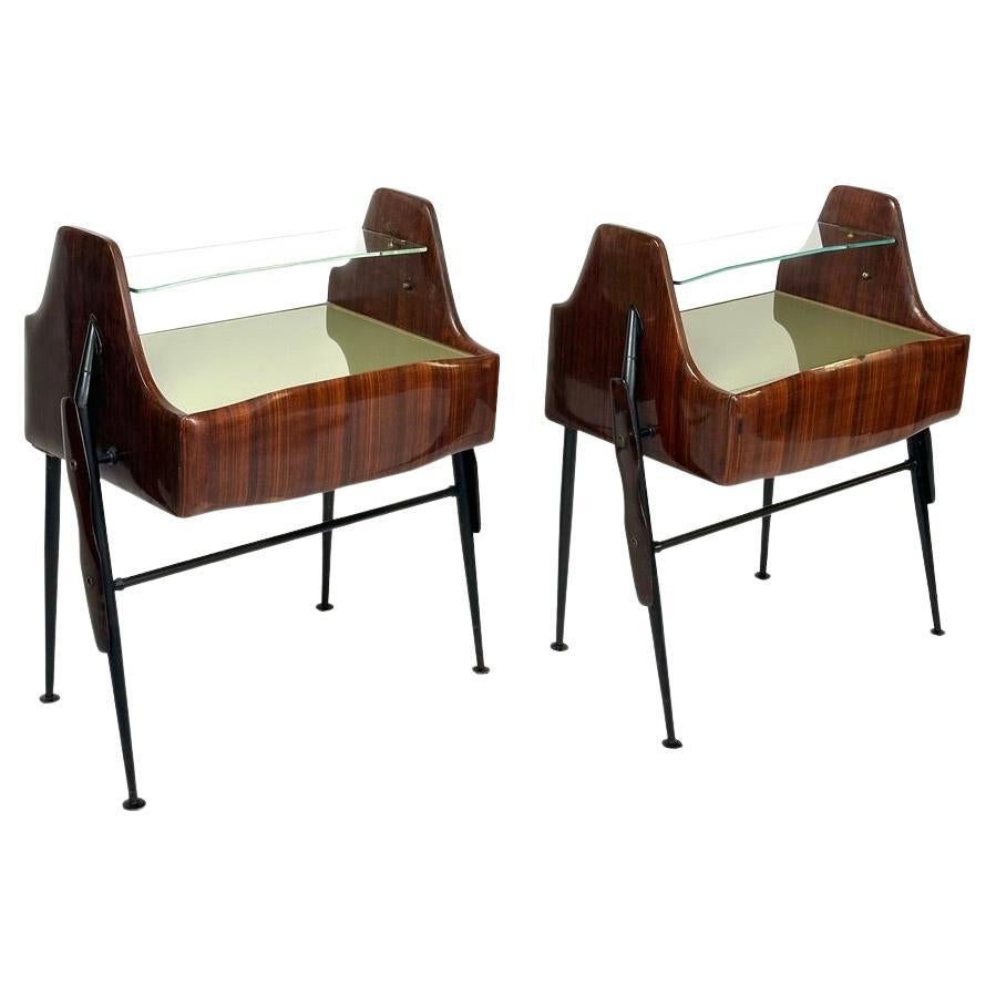 1950's Pair of Italian Wood, Opaline Glass, Iron & Brass Night Stands w/ Drawers For Sale