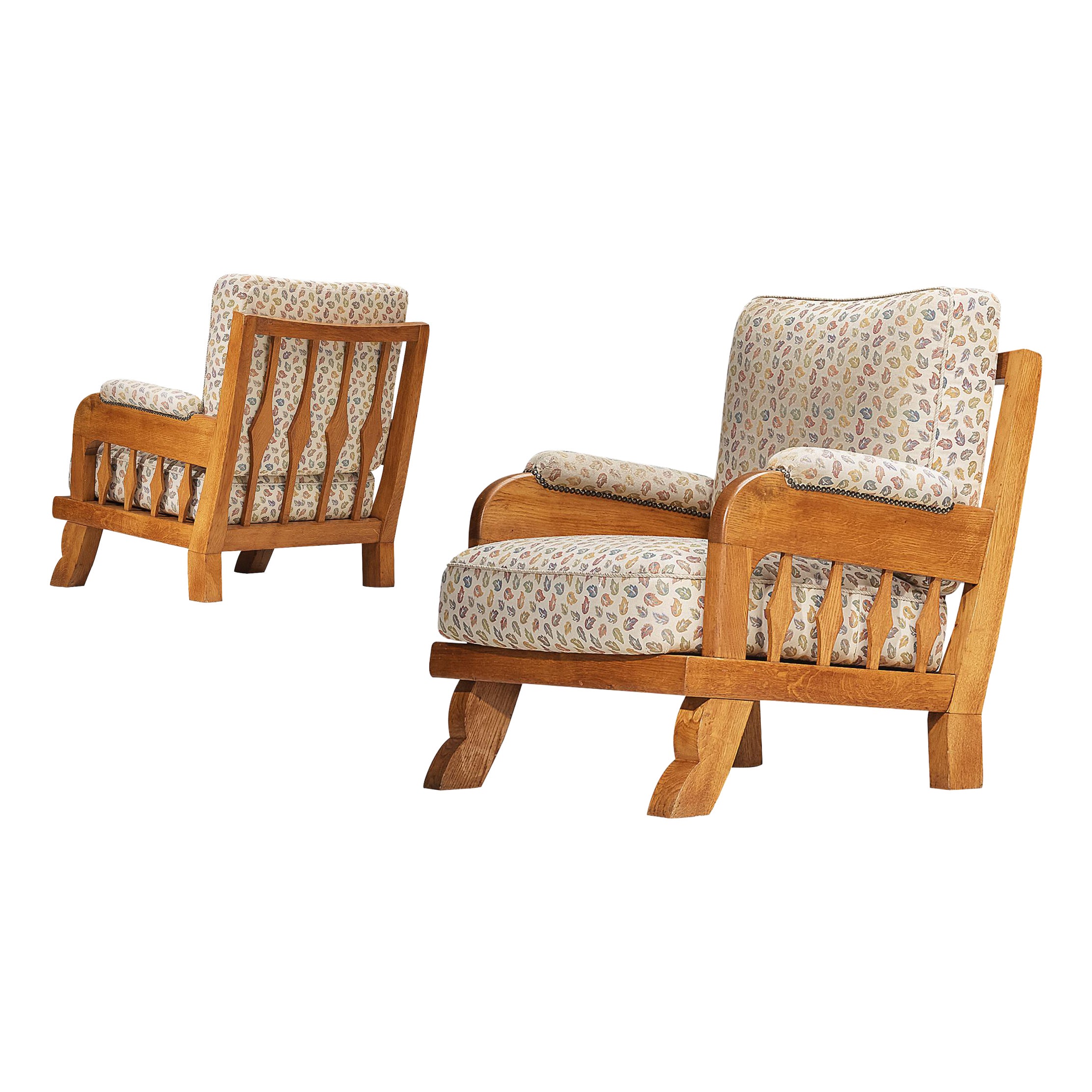 1950s Pair of Lounge Chairs in Carved Solid Oak For Sale