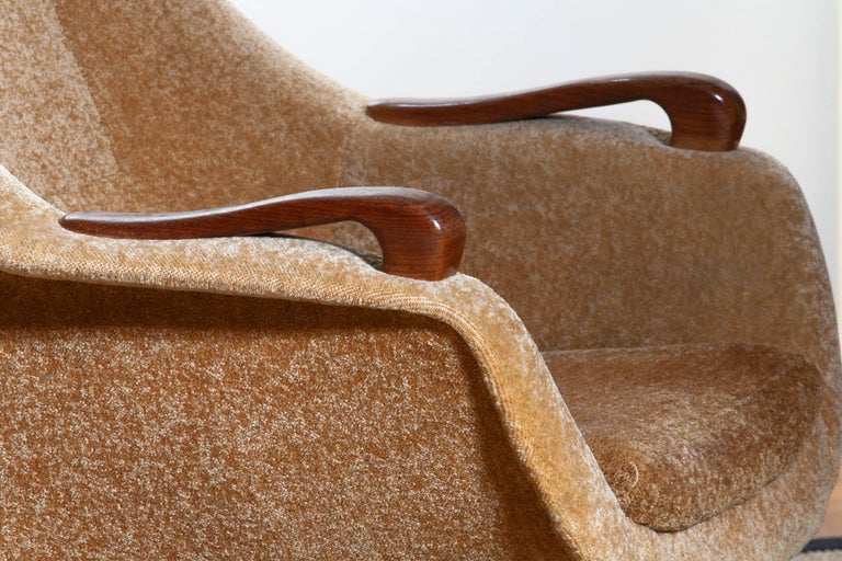 1950s, Pair of Lounge Club Chairs in Camel Chenille and Teak, Made in