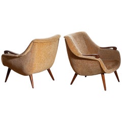 1950s, Pair of Lounge Club Chairs in Camel Chenille and Teak, Made in Denmark