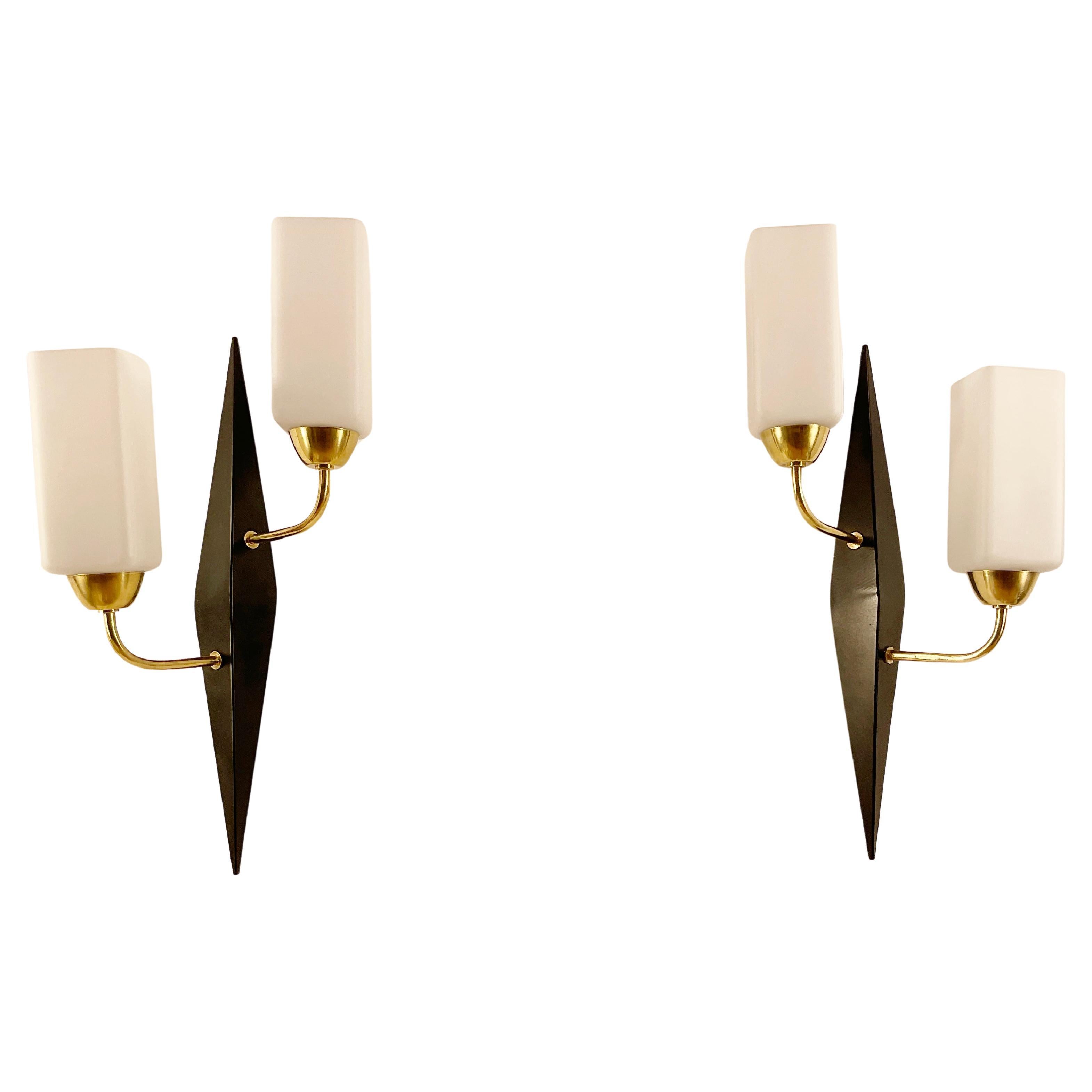 Vintage Maison Arlus Wall Sconces in Metal and Opaline Glass, 1950s