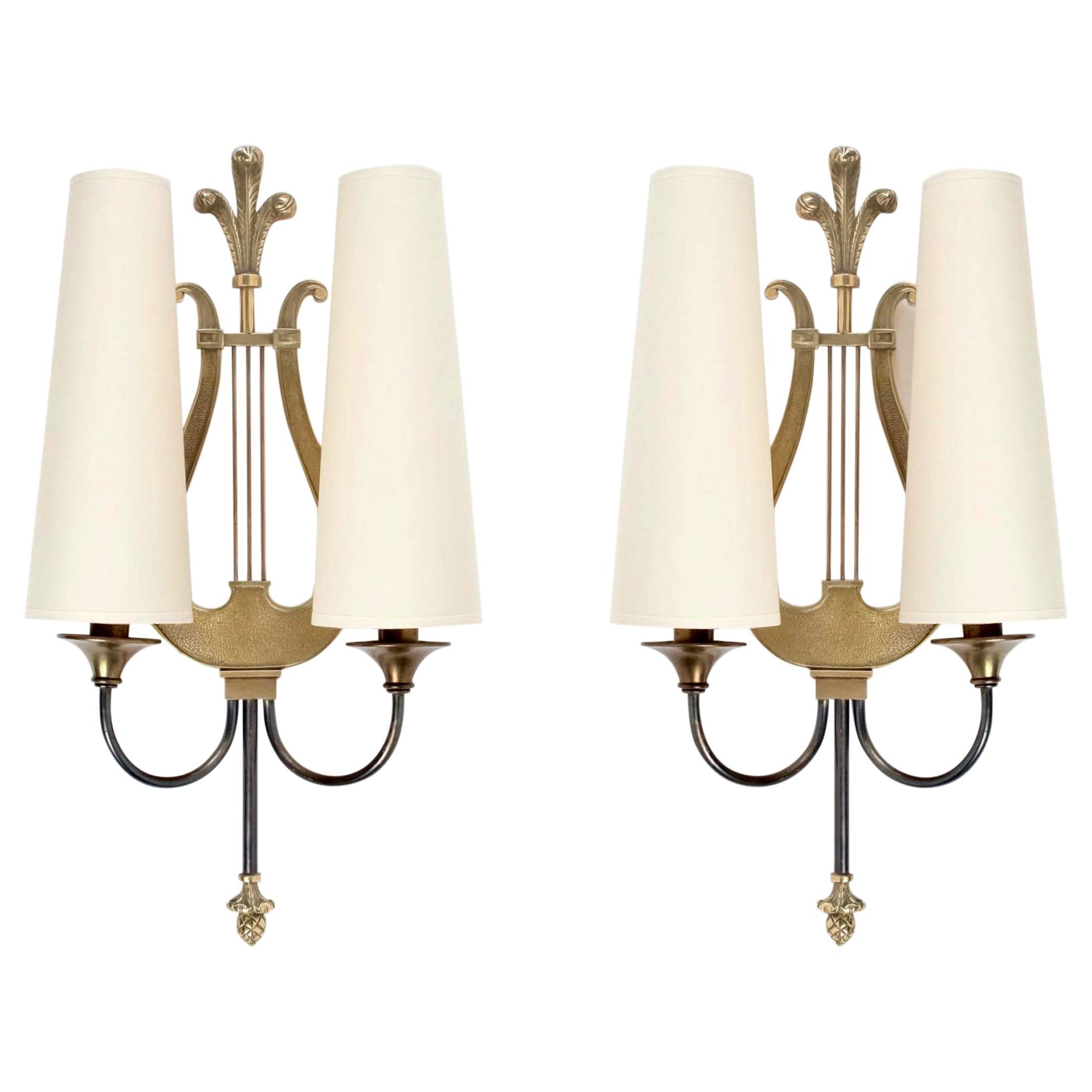 1950s Pair of Maison Charles Neoclassical "Lyre" Bronze Sconces