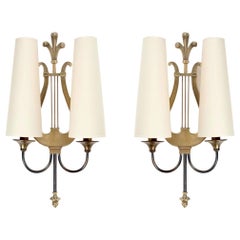 1950s Pair of Maison Charles Neoclassical "Lyre" Bronze Sconces