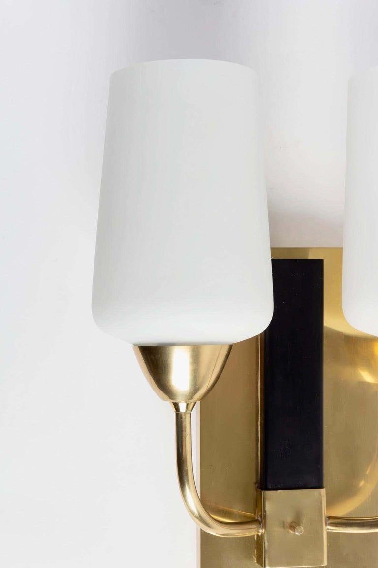 Mid-Century Modern 1950s Pair of Maison Lunel Sconces, Brass and Opaline Glass For Sale