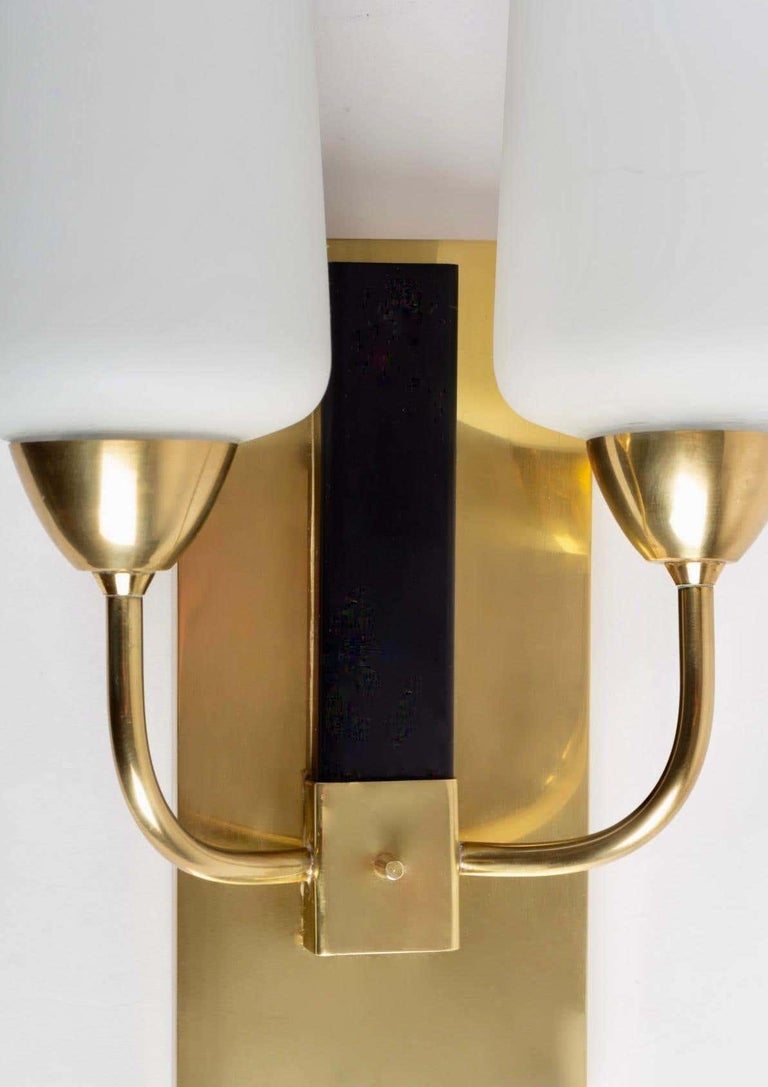 French 1950s Pair of Maison Lunel Sconces, Brass and Opaline Glass For Sale