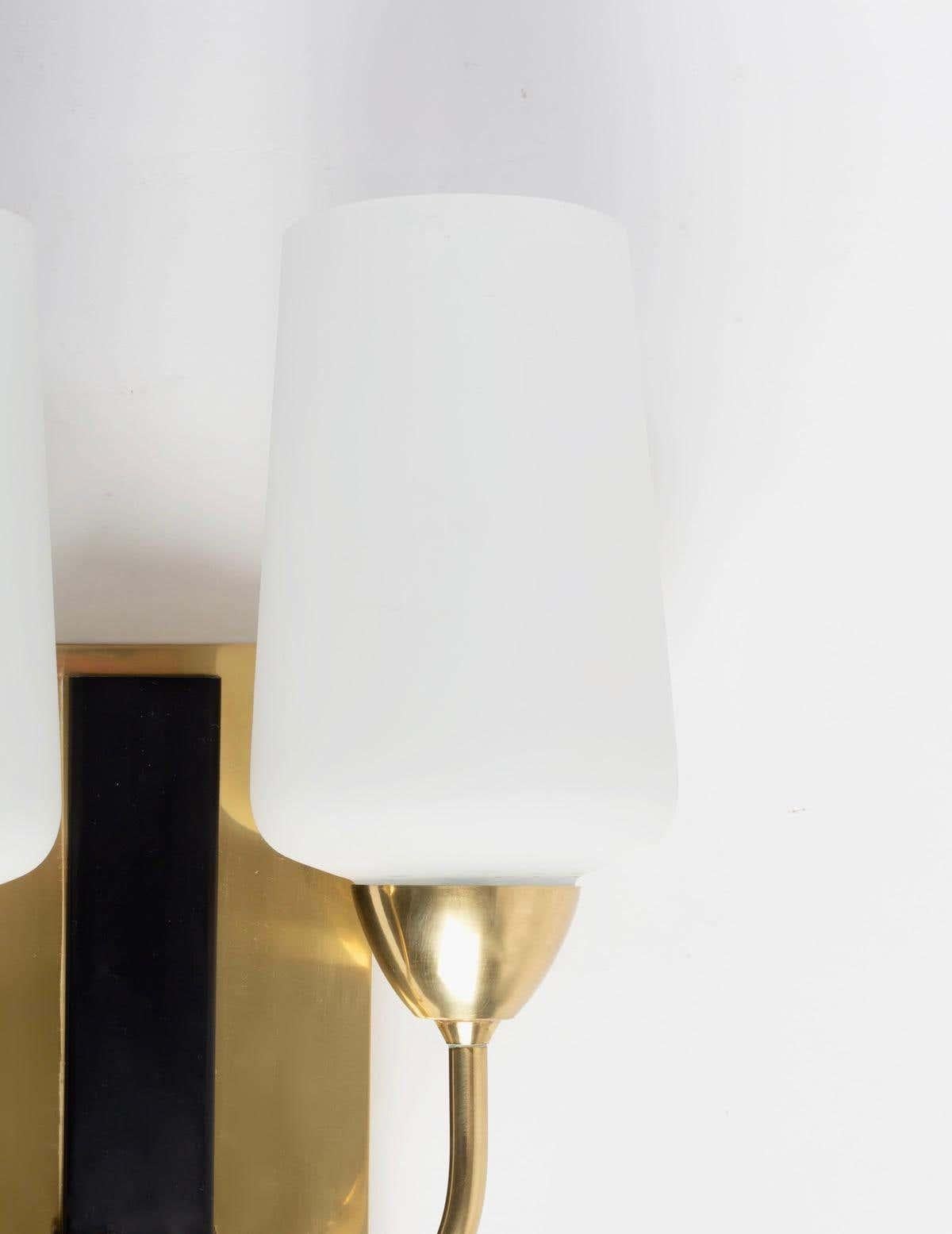 1950s Pair of Maison Lunel Sconces, Brass and Opaline Glass In Good Condition In Saint-Ouen, FR