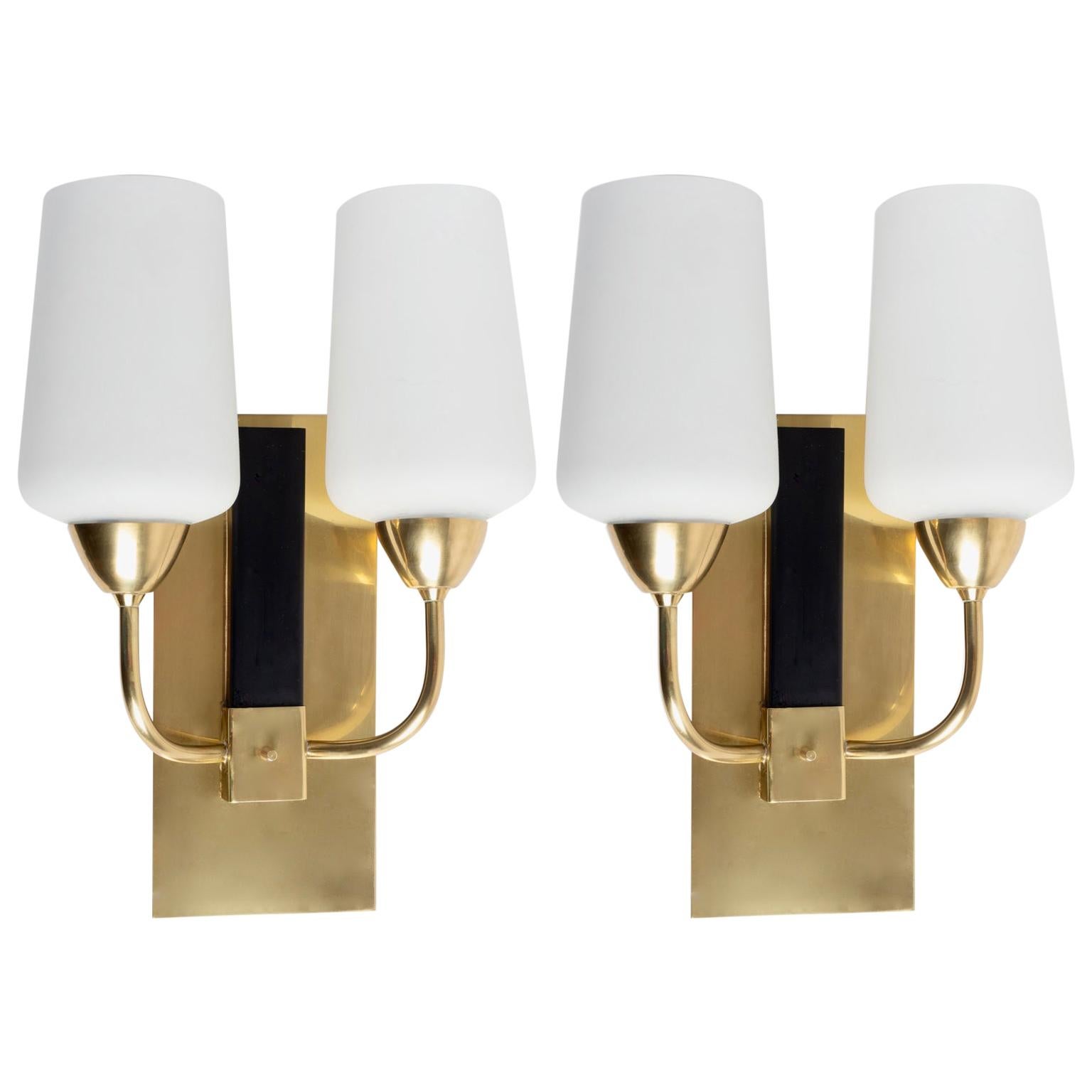1950s Pair of Maison Lunel Sconces, Brass and Opaline Glass