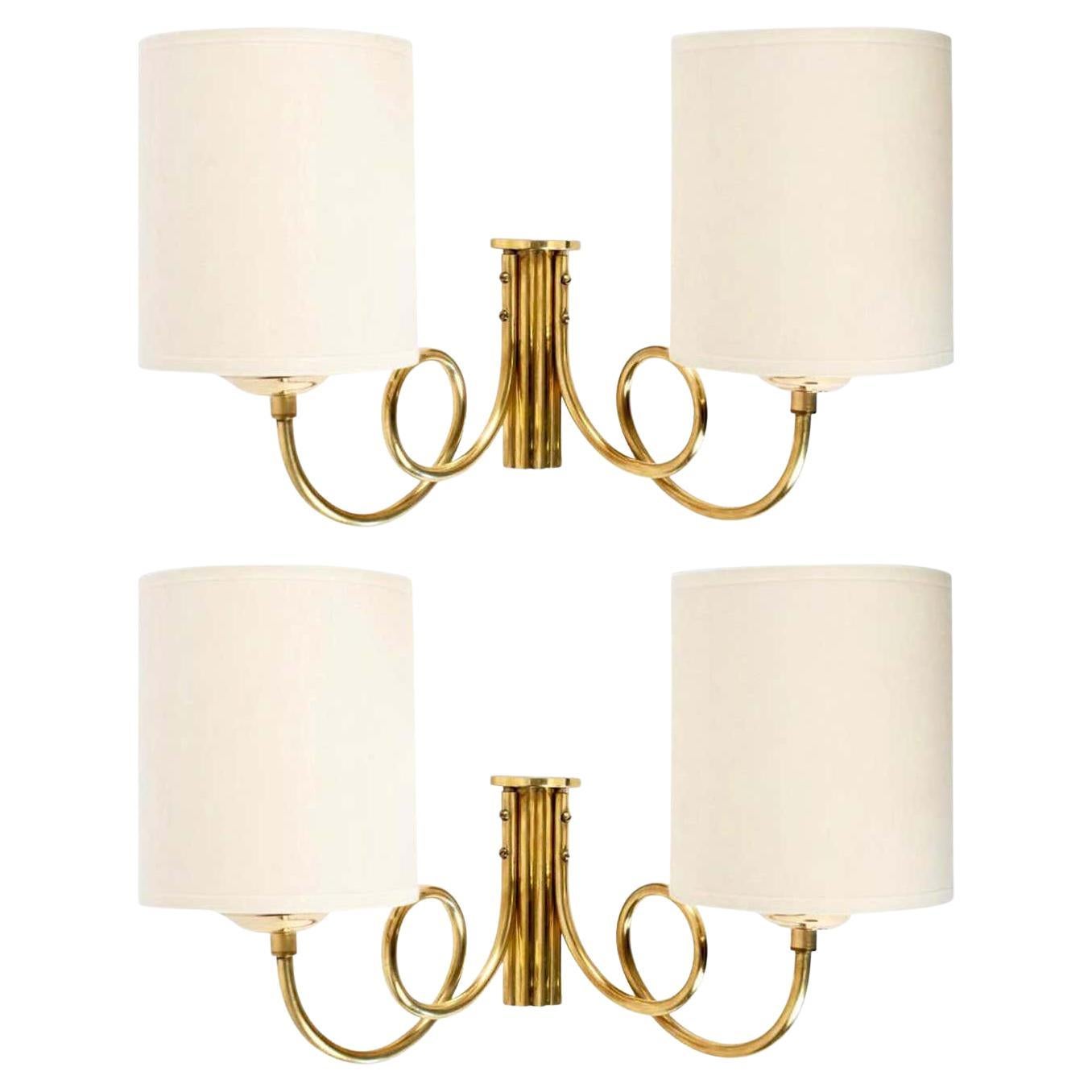 1950s Pair of Maison Lunel Sconces, Brass and Opaline Glass