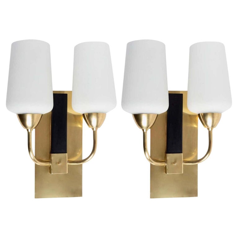 1950s Pair of Maison Lunel Sconces, Brass and Opaline Glass For Sale