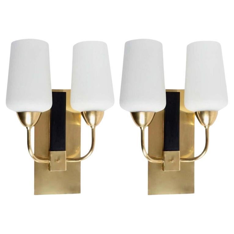 1950s Pair of Maison Lunel Sconces, Brass and Opaline Glass For Sale