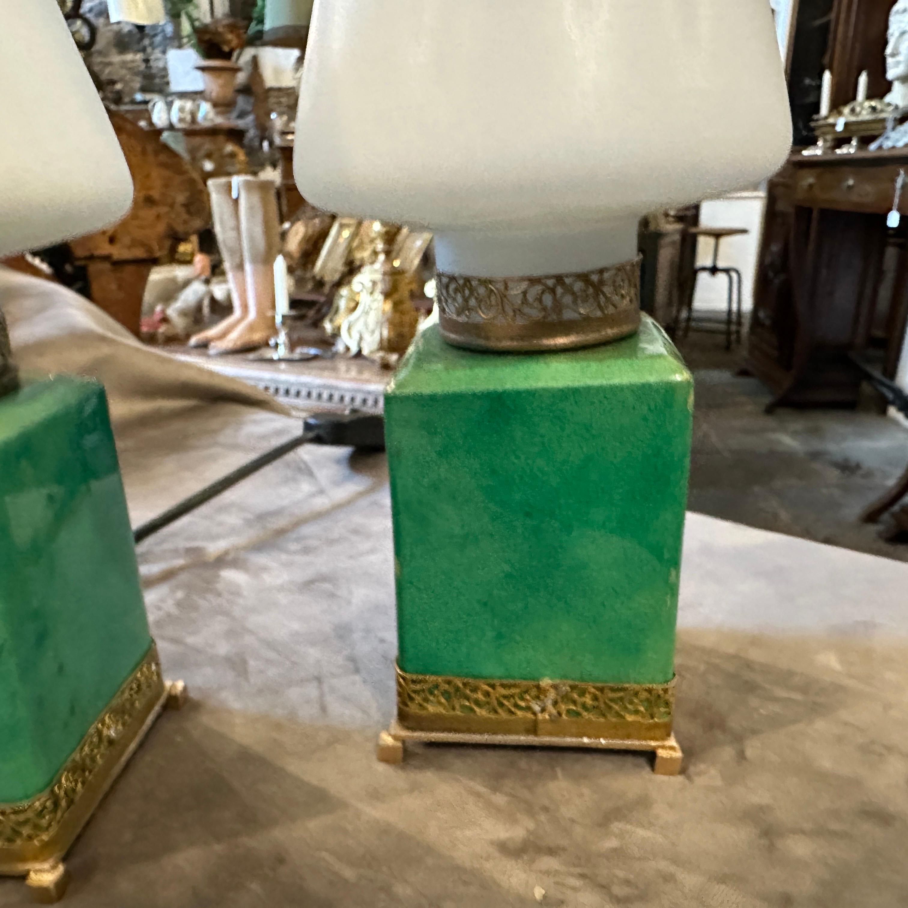 1950s Pair of Mid-Century Modern Brass and Green Goatskin Bed Lamps by Aldo Tura 4