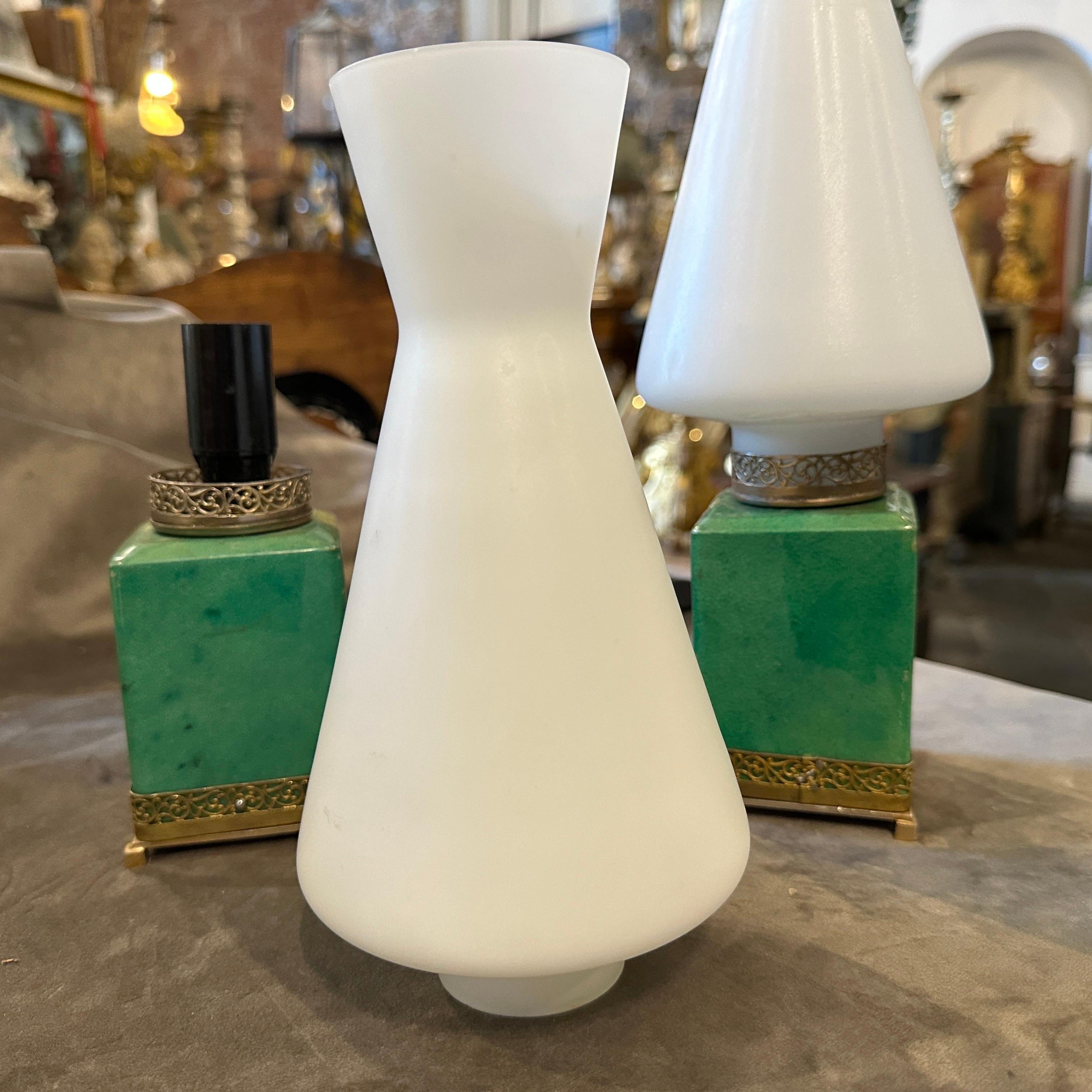 Hand-Crafted 1950s Pair of Mid-Century Modern Brass and Green Goatskin Bed Lamps by Aldo Tura