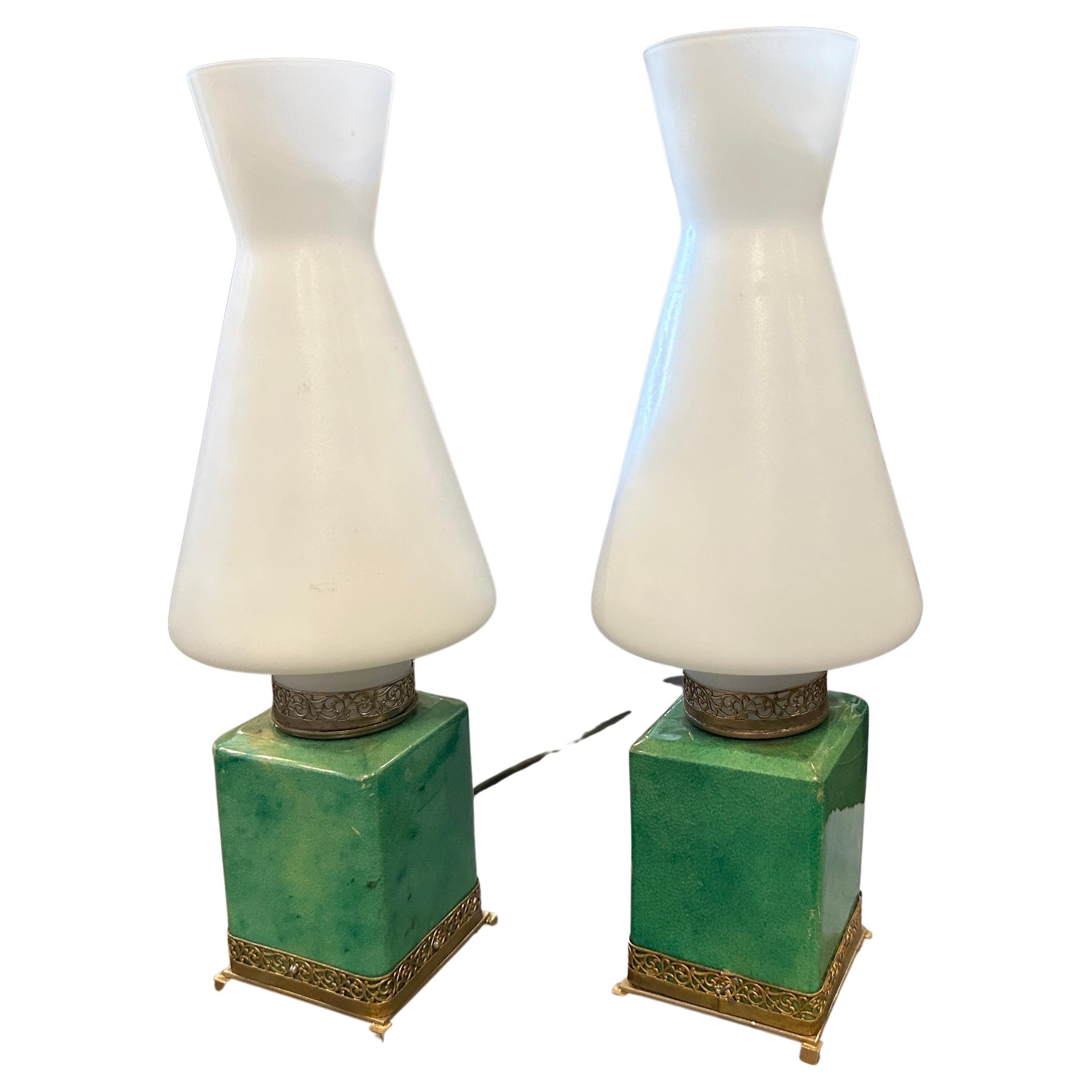 1950s Pair of Mid-Century Modern Brass and Green Goatskin Bed Lamps by Aldo Tura