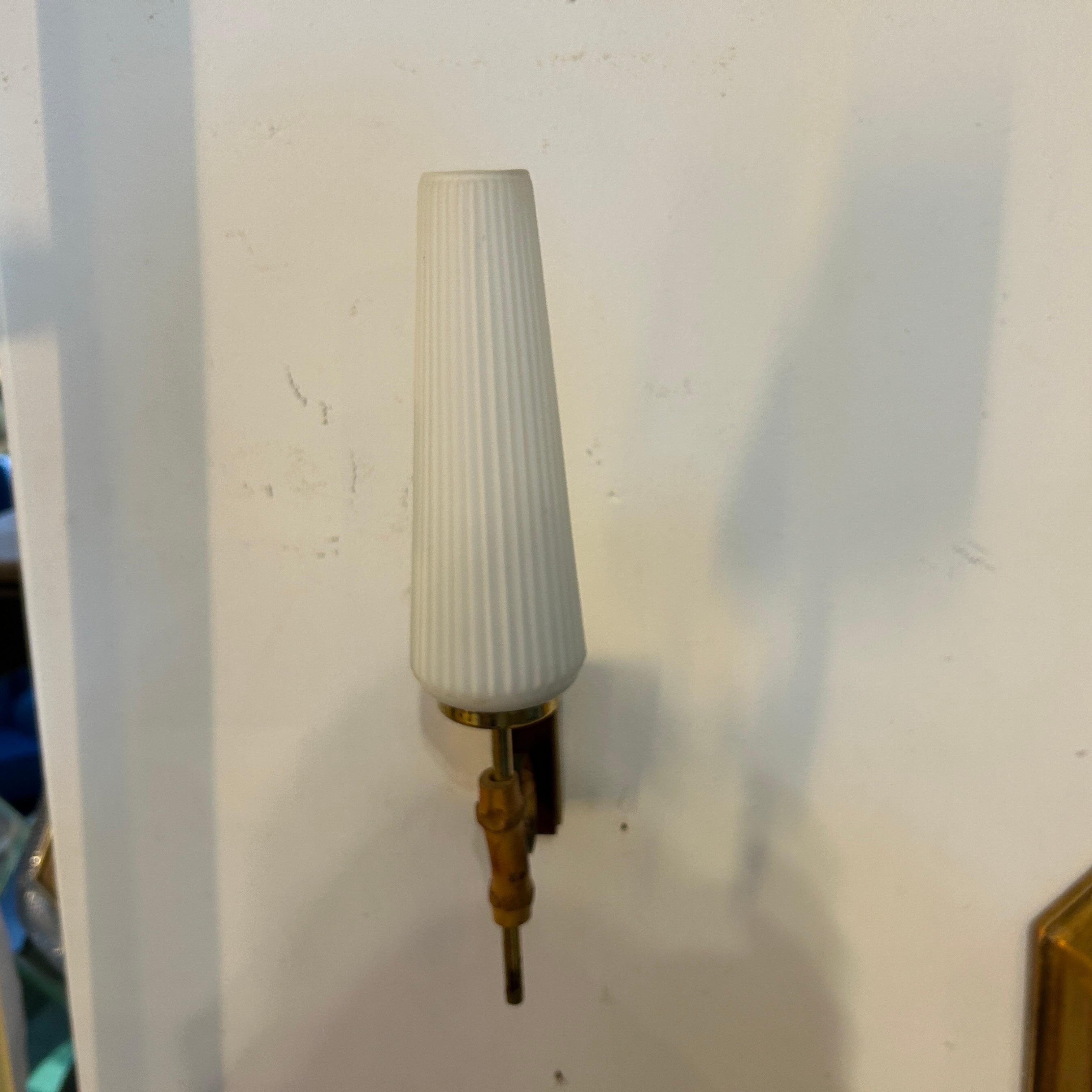 1950s Pair of Mid-Century Modern Brass Wood and White Glass Italian Wall Sconces 9