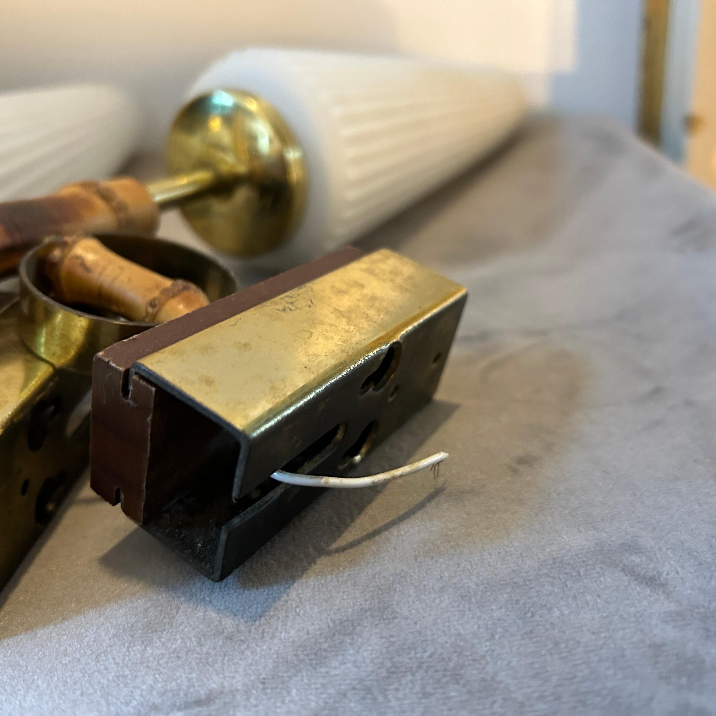 20th Century 1950s Pair of Mid-Century Modern Brass Wood and White Glass Italian Wall Sconces