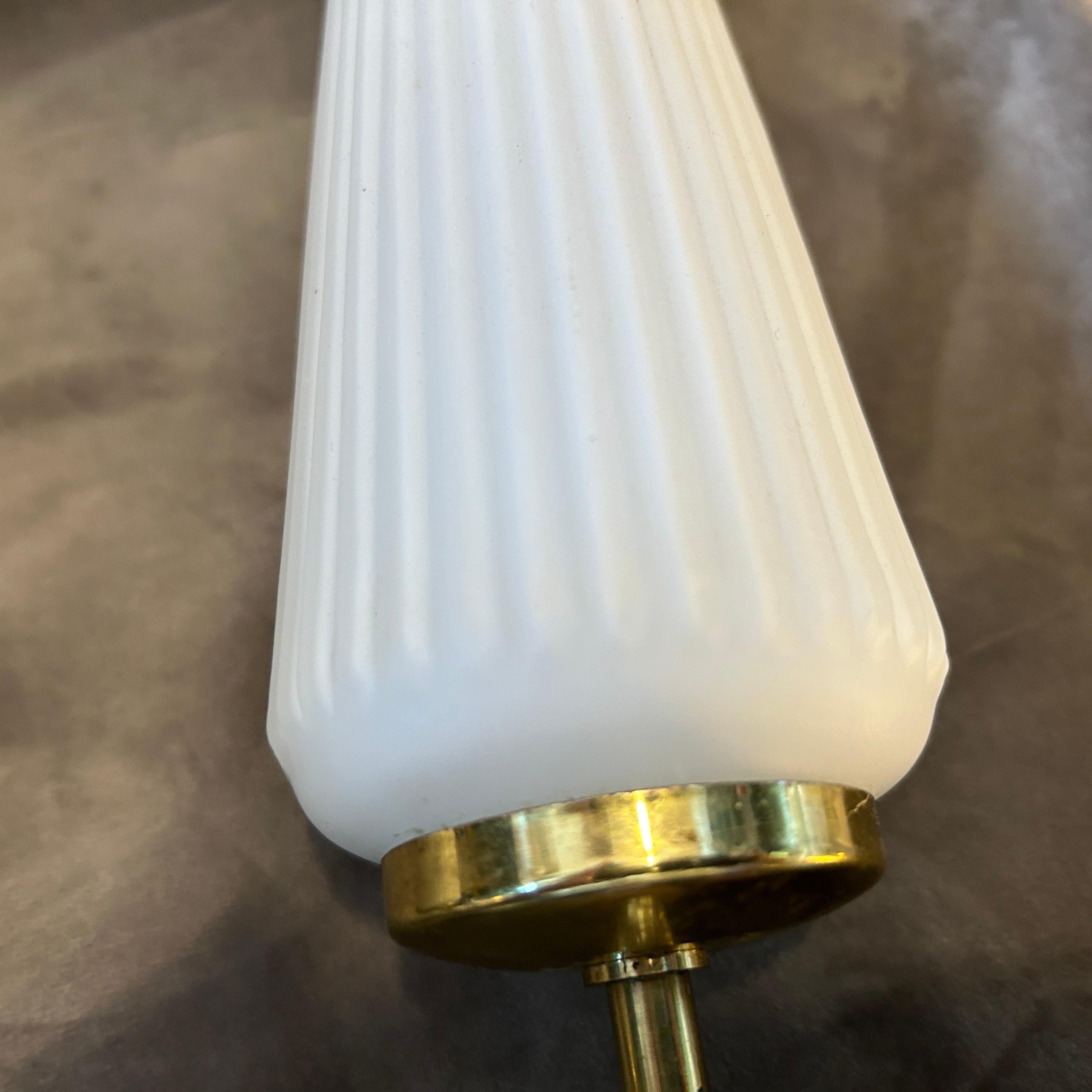 1950s Pair of Mid-Century Modern Brass Wood and White Glass Italian Wall Sconces 3