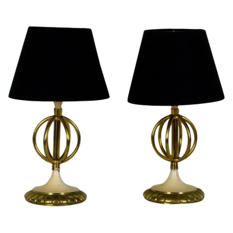 1950s Pair of Mini Table Lamps, Polished Brass and Lacquered Steel, France
