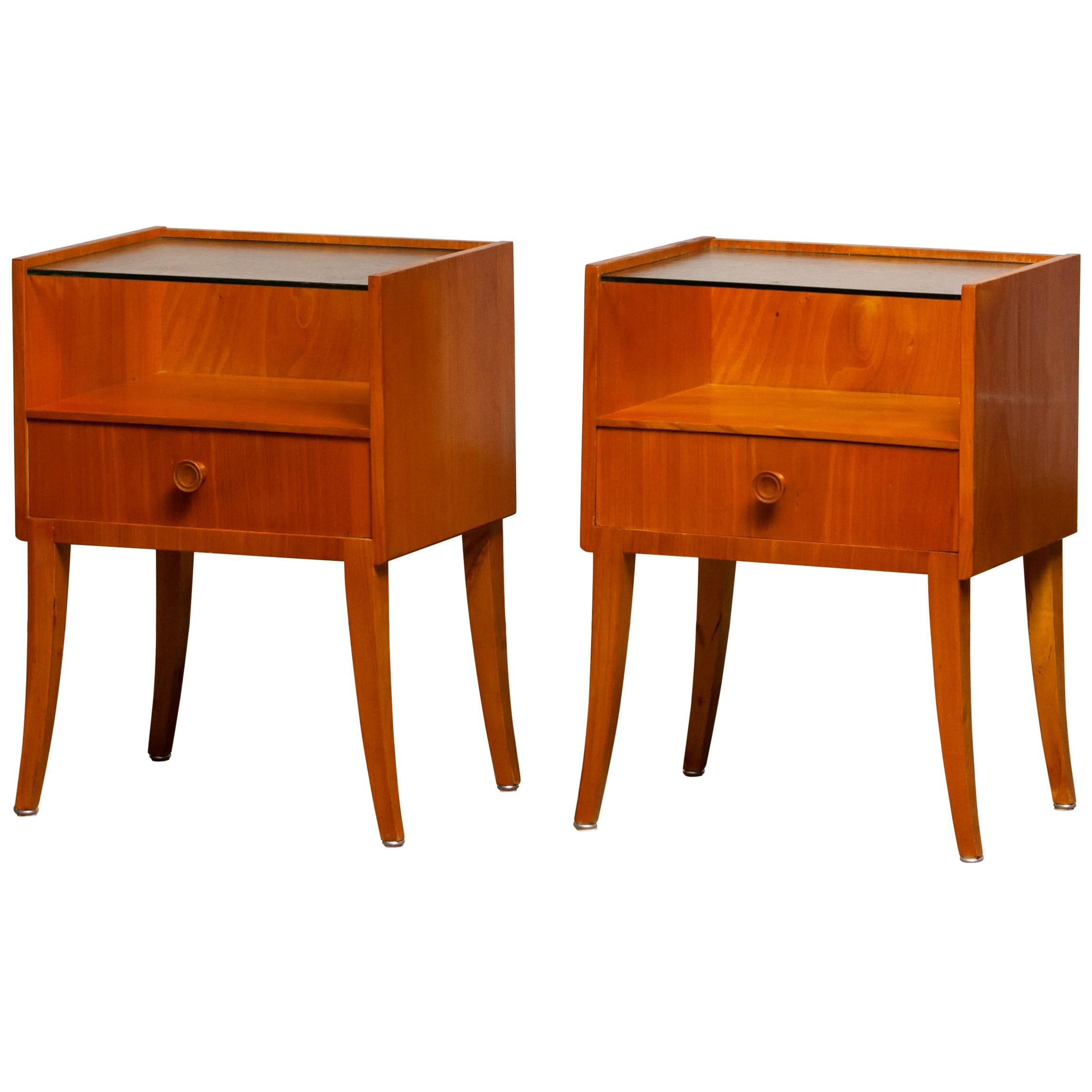 Scandinavian Modern 1950s Pair of Nightstands or Bedside Tables from Sweden in Elm with Glass Top