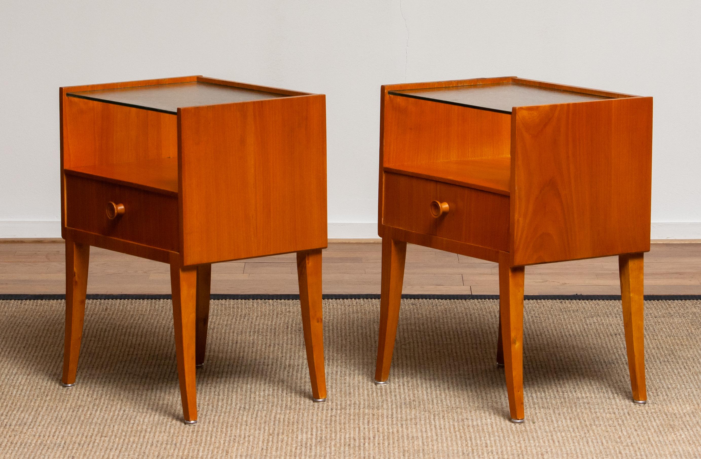 Scandinavian Modern 1950s Pair of Nightstands or Bedside Tables from Sweden in Elm with Glass Top