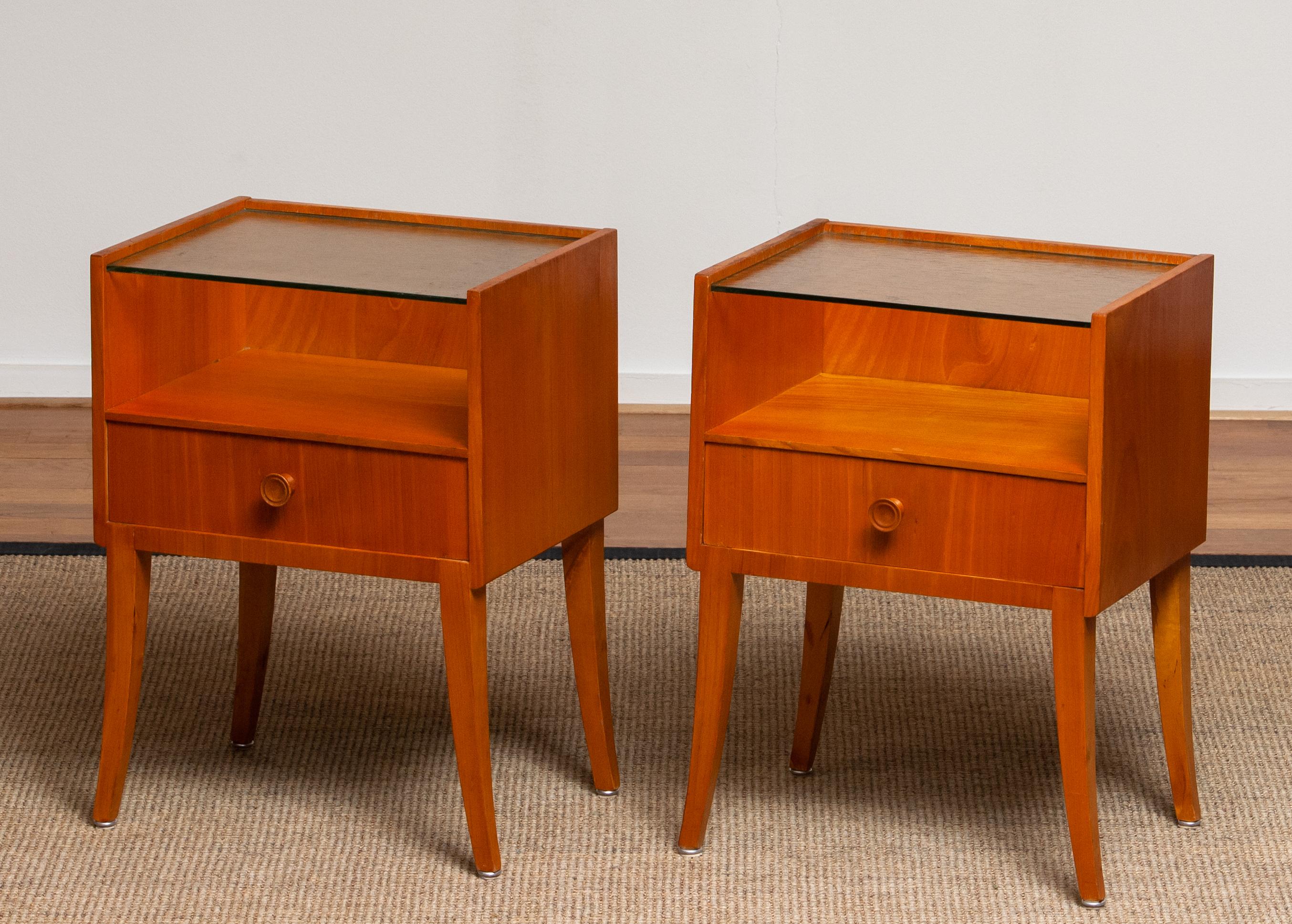 Swedish 1950s Pair of Nightstands or Bedside Tables from Sweden in Elm with Glass Top