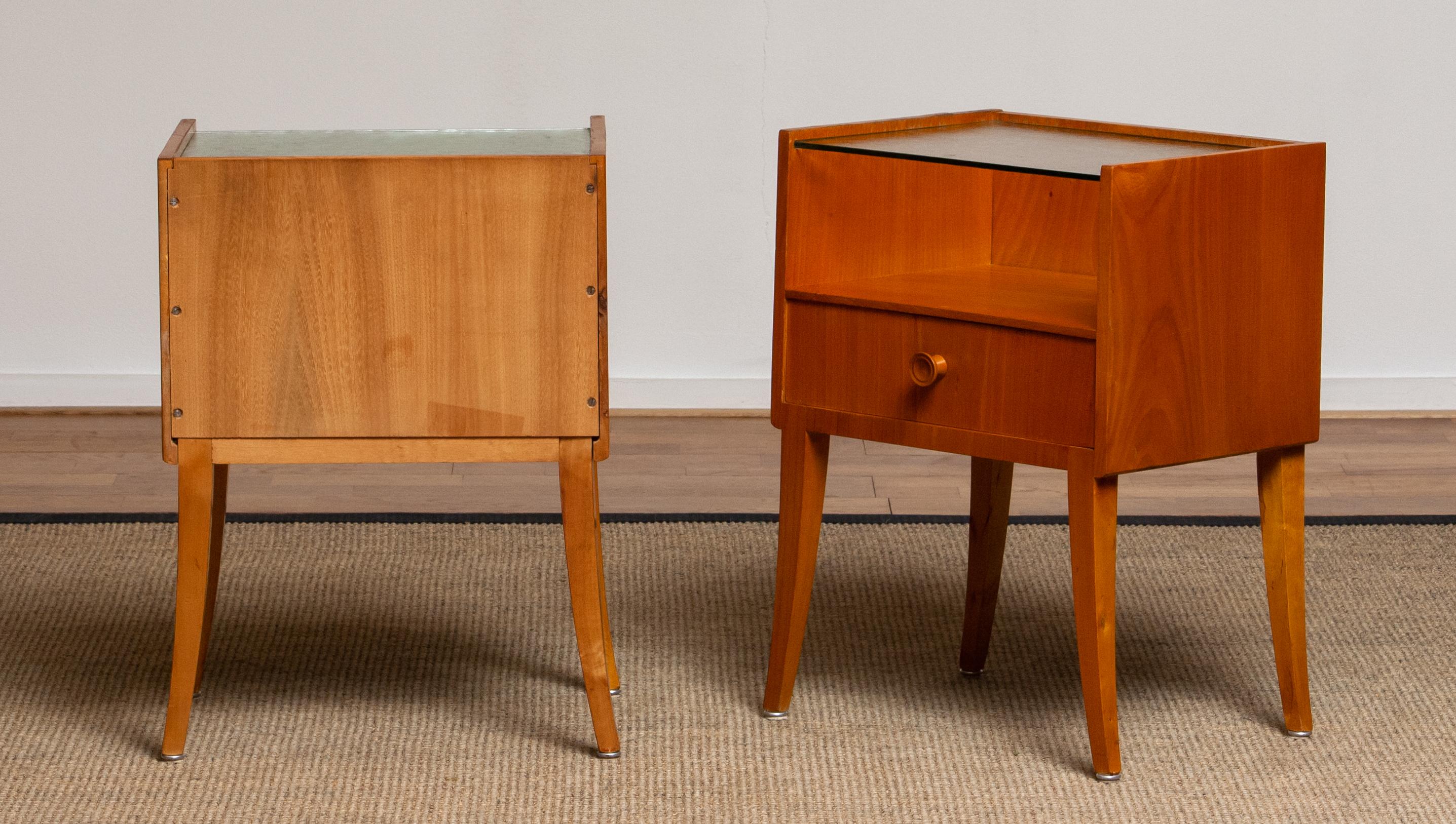 1950s Pair of Nightstands or Bedside Tables from Sweden in Elm with Glass Top 2