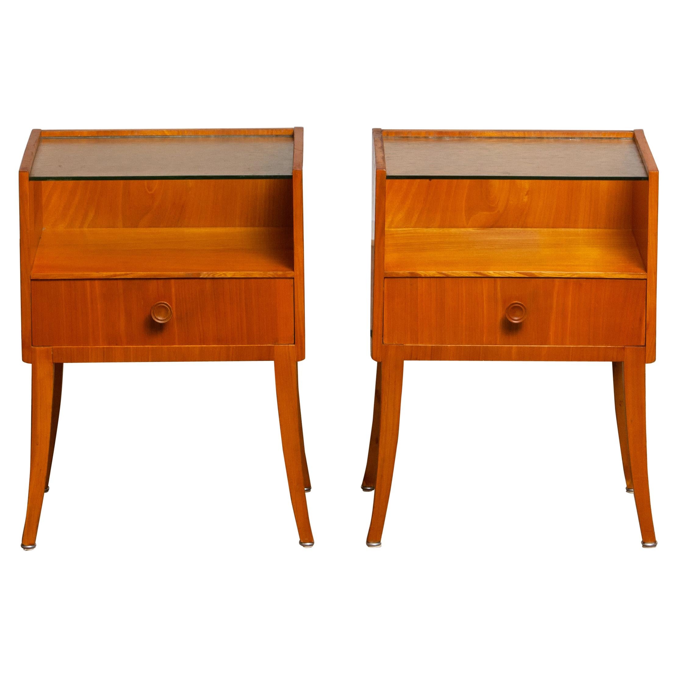 1950s Pair of Nightstands or Bedside Tables from Sweden in Elm with Glass Top