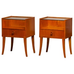 1950s Pair of Nightstands or Bedside Tables from Sweden in Elm with Glass Top