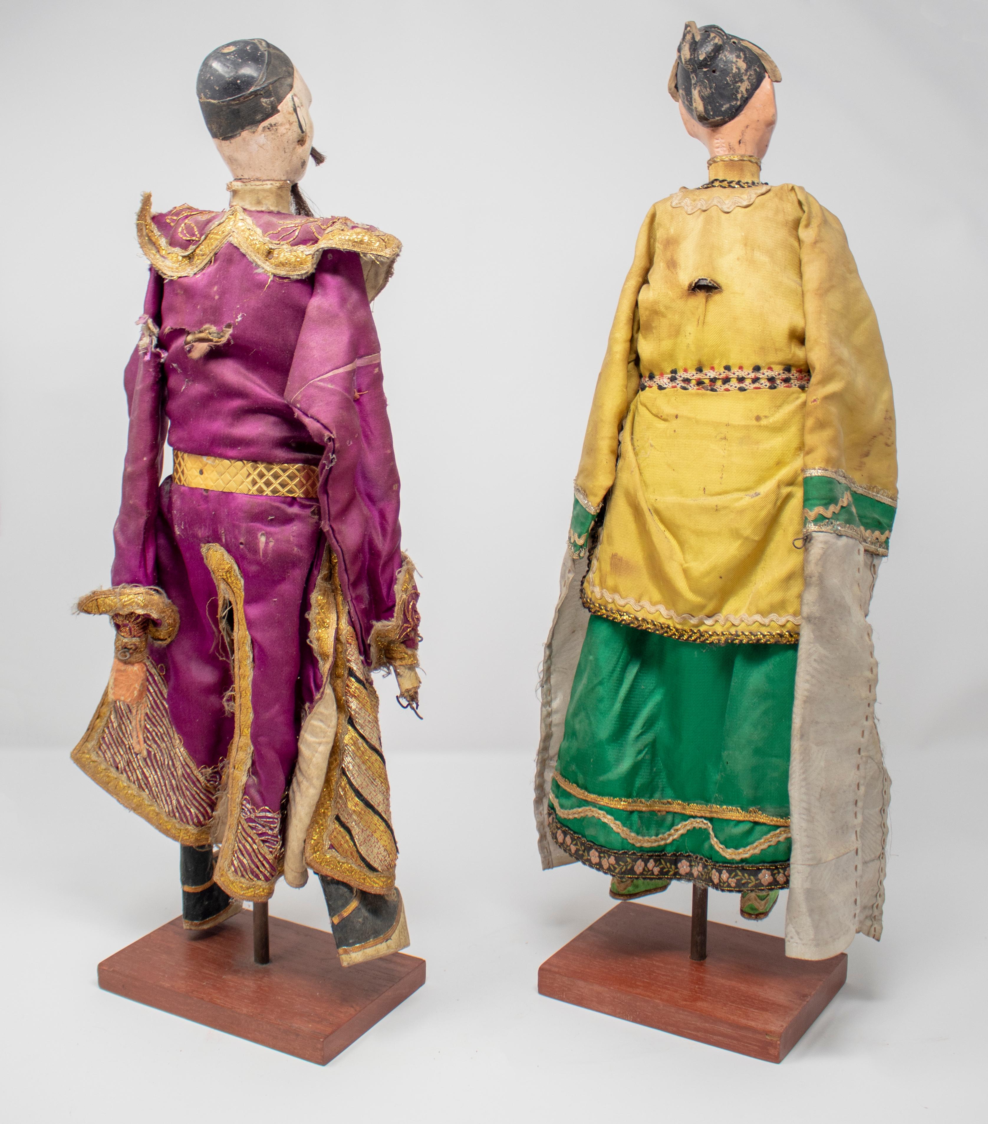 Silk 1950s Pair of Oriental Puppet Marionettes with Original Dress For Sale