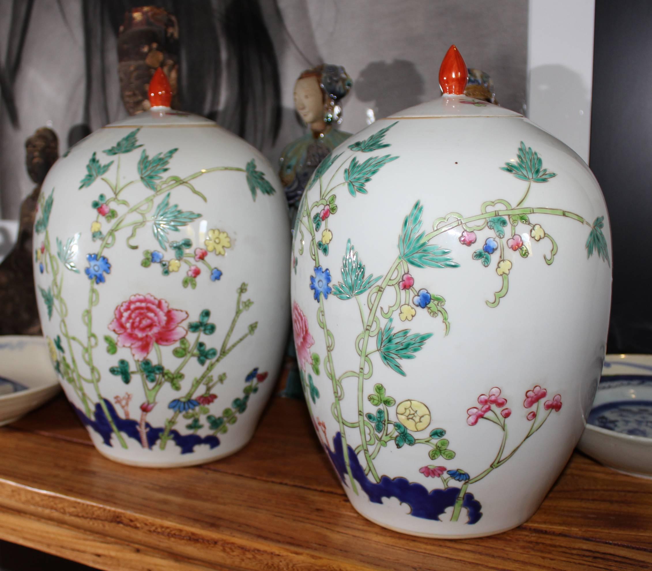 Chinese 1950s, Pair of Oriental Urns with Flower Decorations For Sale