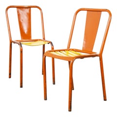 1950s Pair of Original French Tolix T4 Orange Metal Café Dining Chairs