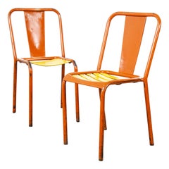 1950s Pair of Original French Tolix T4 Orange Metal Café Dining Chairs