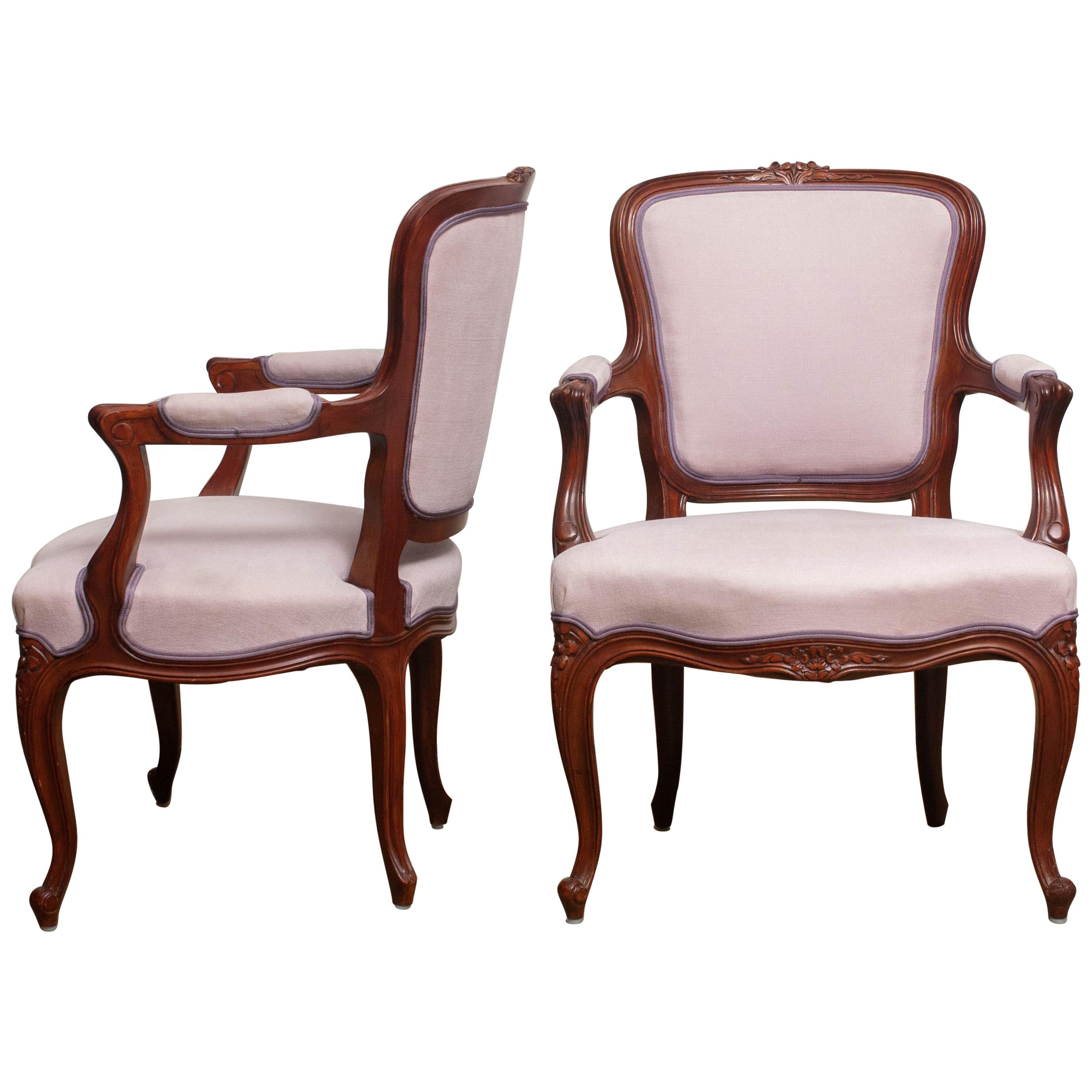 1950s Pair of Pink Swedish Rococo Bergère in the Shabby Chic Technique Chairs F